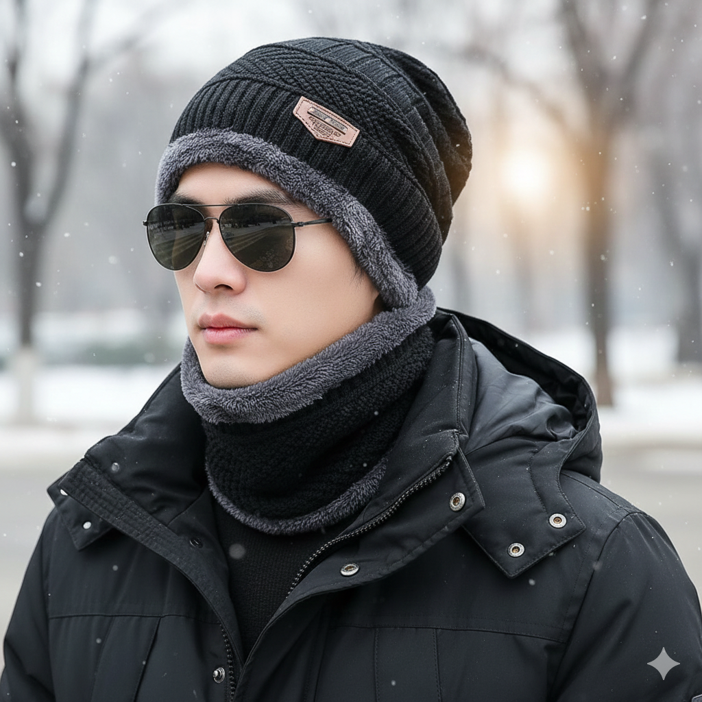 Woolen Beanie Cap & Muffler Set for Men & Women | Winter Warm Knit Cap Scarf Combo for Outdoor & Daily Use