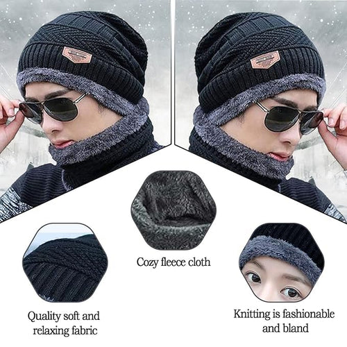 Woolen Beanie Cap & Muffler Set for Men & Women | Winter Warm Knit Cap Scarf Combo for Outdoor & Daily Use